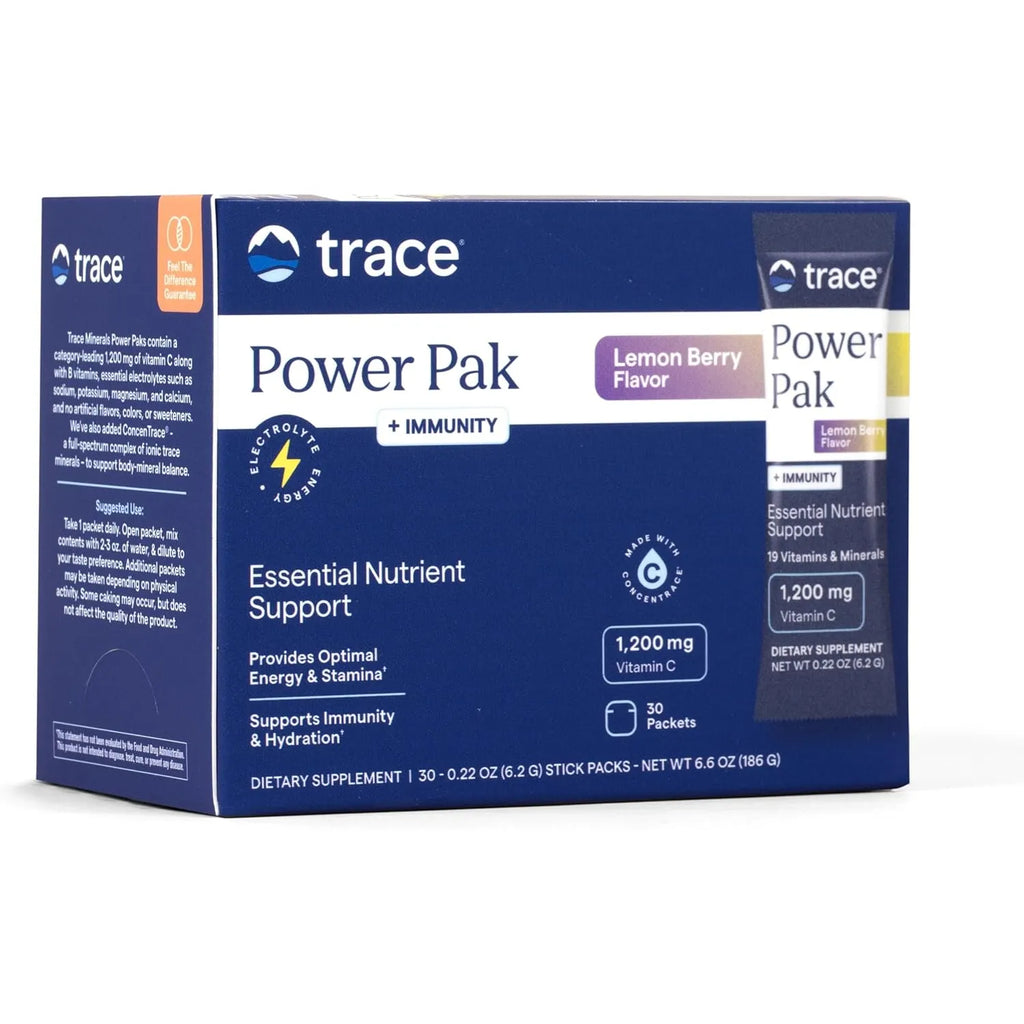 Trace Minerals Power Pak + Immunidas, 30 sobres, 6,1 g (0,22 oz) cada uno Electrolitos, Stamina, Inmunidad Sin OMG Lemon Berry
