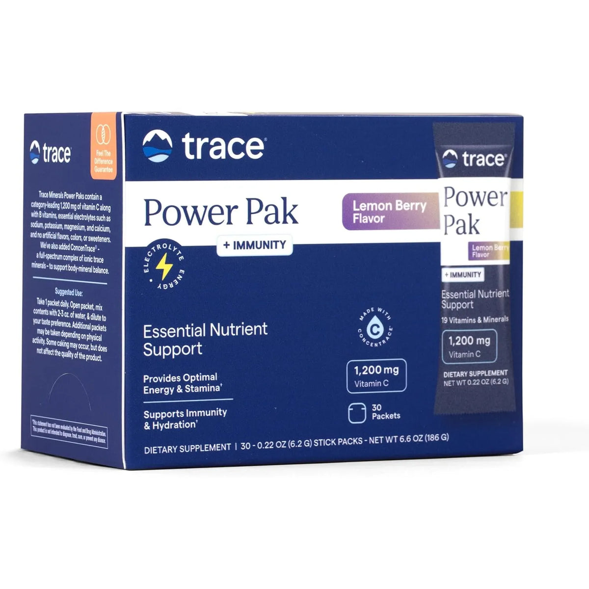 Trace Minerals Power Pak + Immunidas, 30 sobres, 6,1 g (0,22 oz) cada uno Electrolitos, Stamina, Inmunidad Sin OMG Lemon Berry