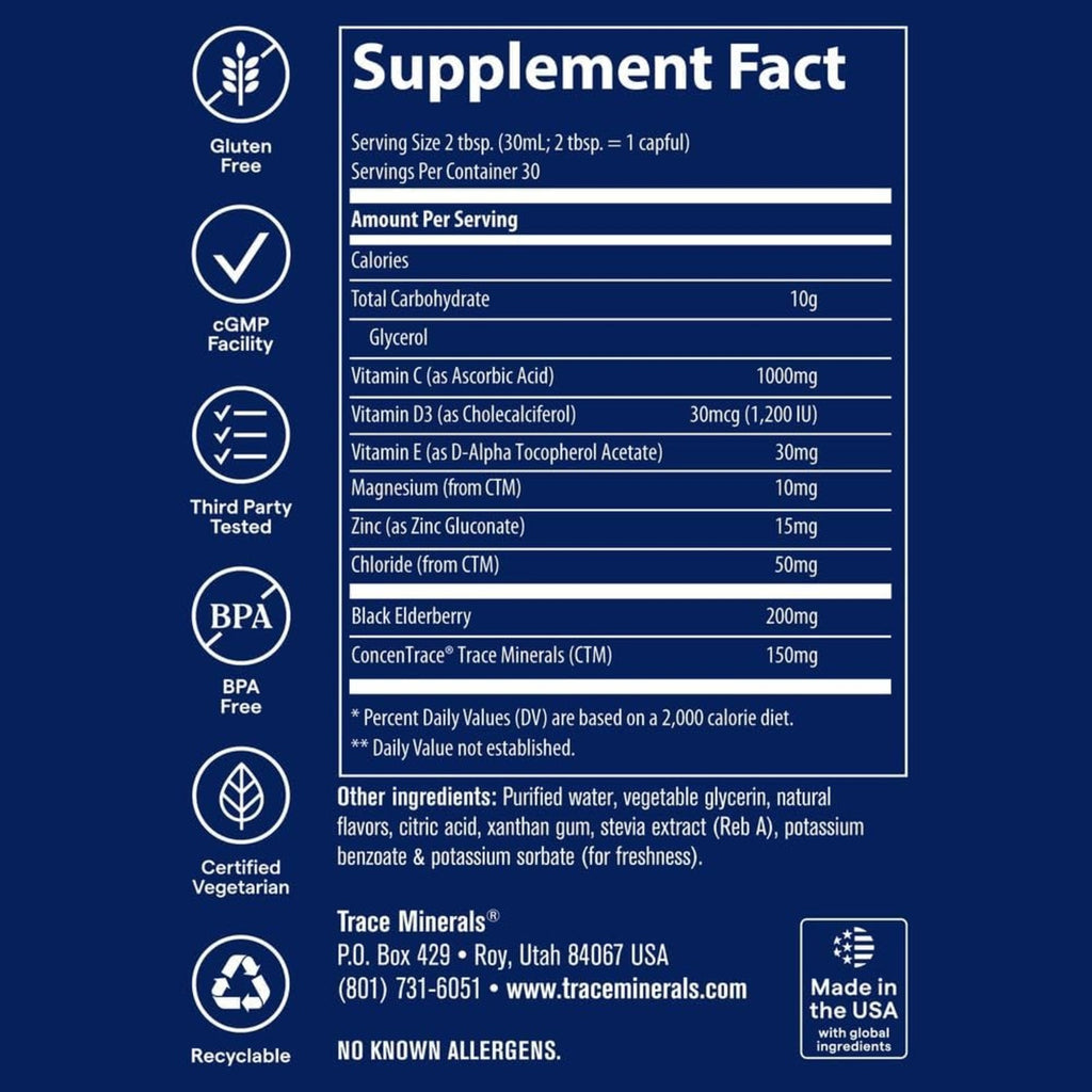 Trace Minerals Inmunidad Plus Apoyo Inmunitario Líquido 30 Oz Bayas Mixtas