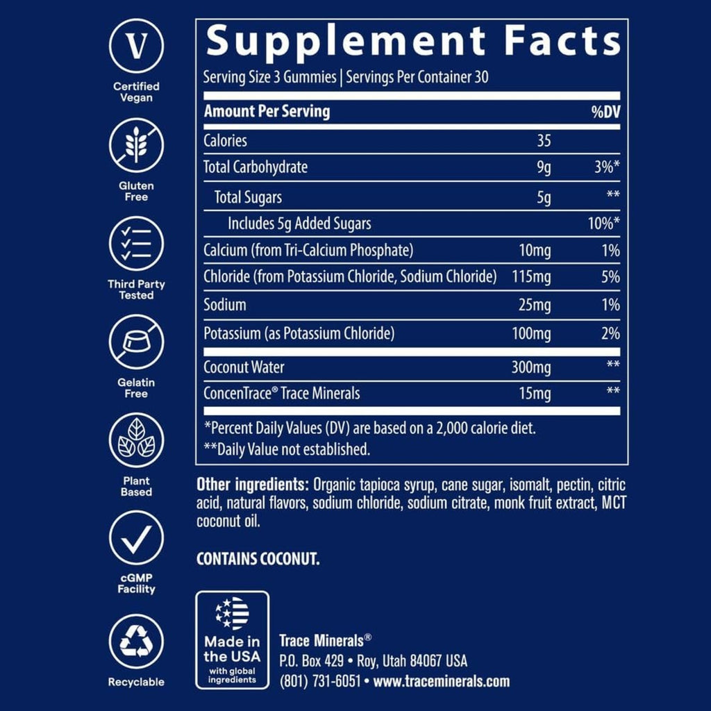 Trace Minerals Gomitas Electrolitos Sabor Lima Limón 90 Piezas Veganas Sin Gluten – Hidratación