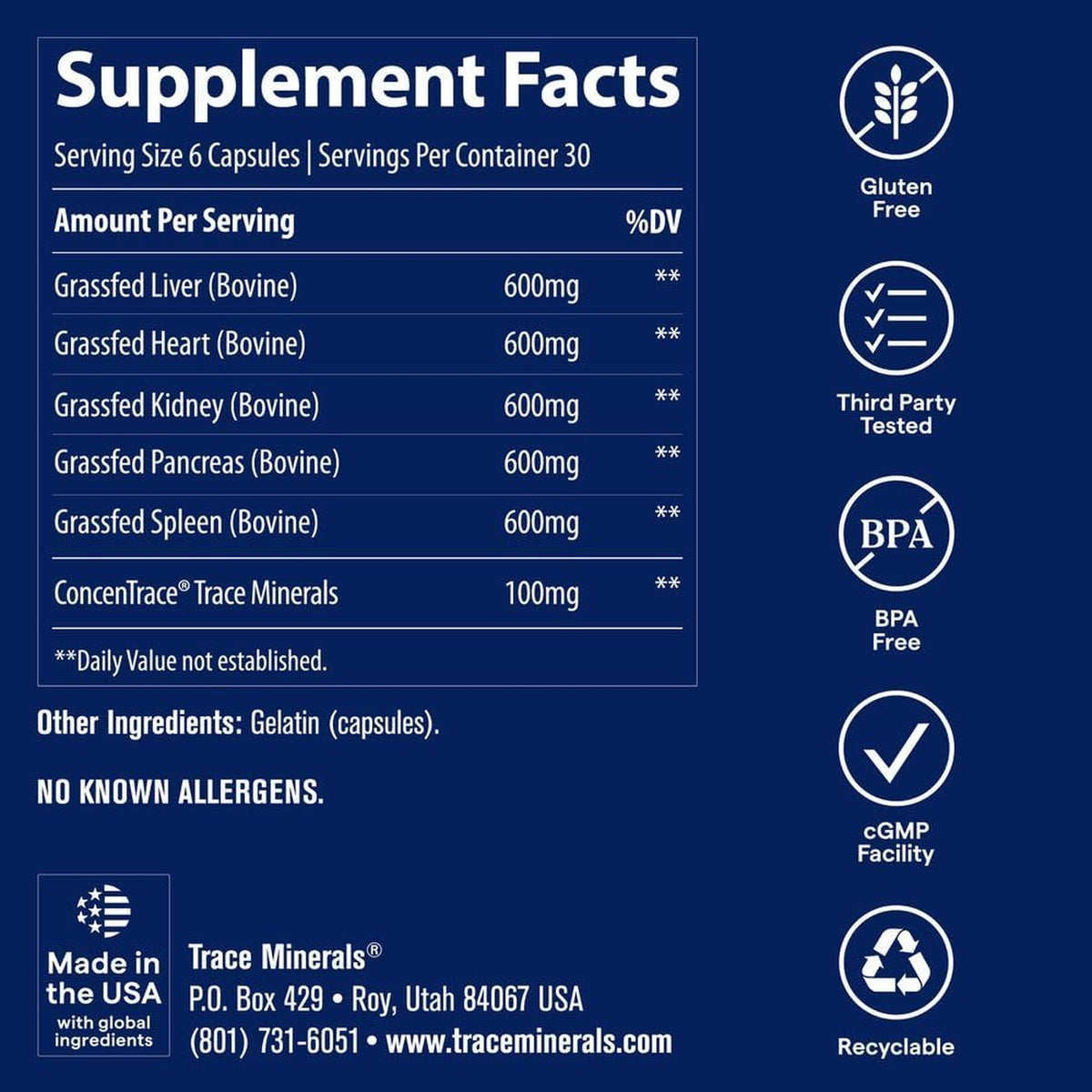 Trace Minerals Beef Organs Órganos de Res 500 mg 180 Cápsulas