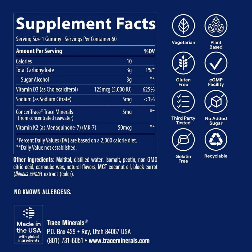 Trace Minerals Gomitas de vitamina D3 + K2, 60 porciones sabor fresa