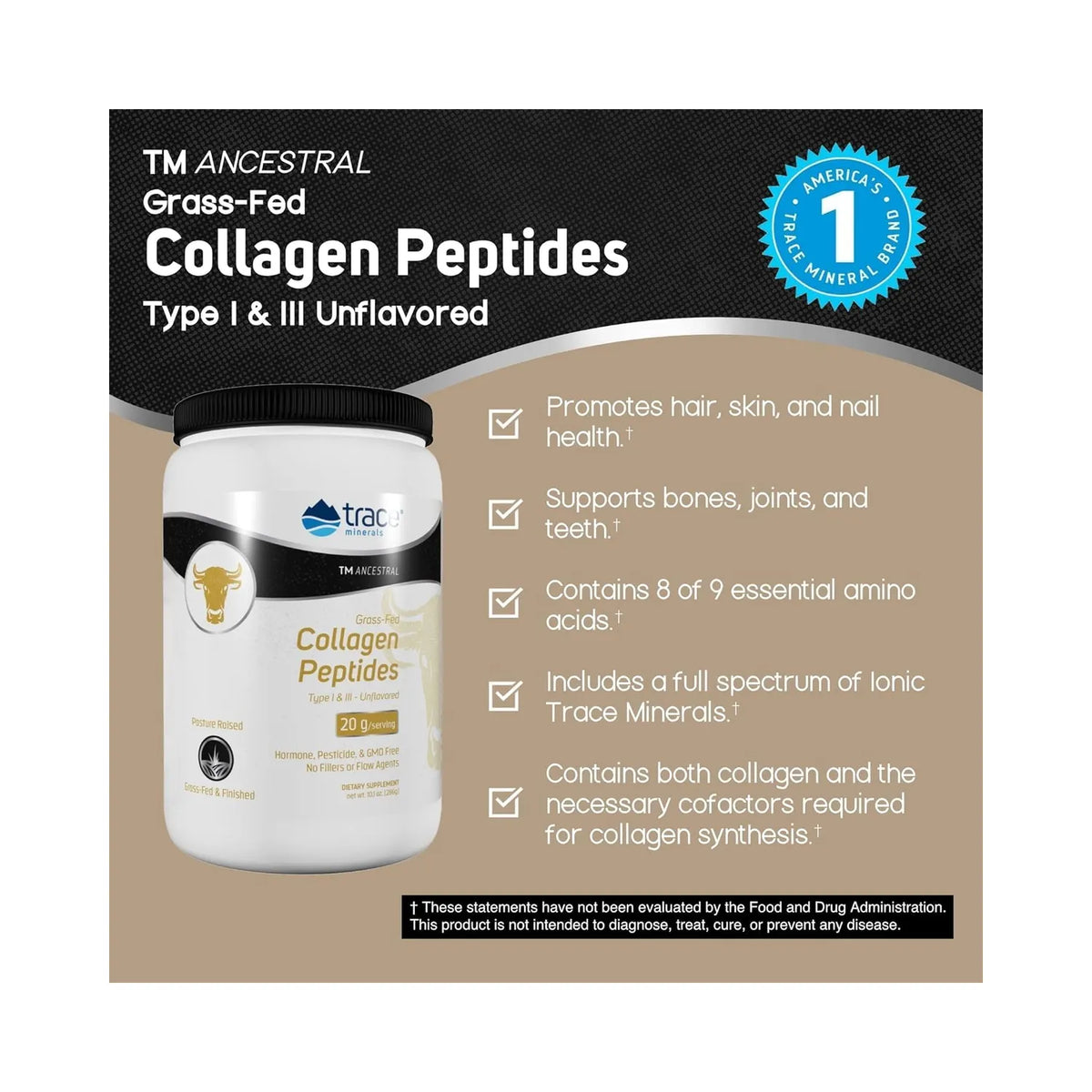 Trace Minerals ANCESTRAL - Péptidos de colágeno | Sin sabor | Apoya huesos, articulaciones, piel, cabello, uñas e intestino saludables | Colágeno tipo I y III