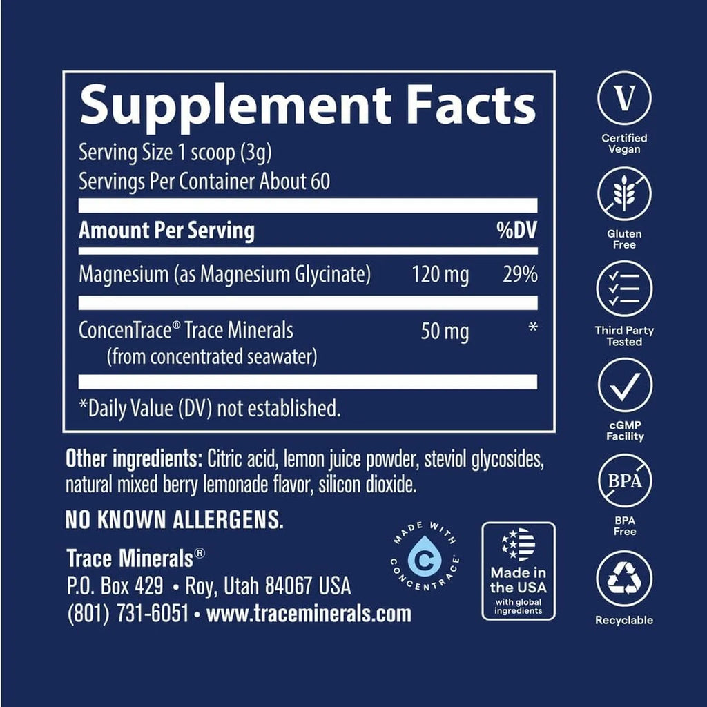 Trace Minerals Polvo de glicinato de magnesio 120 mg limonada de bayas