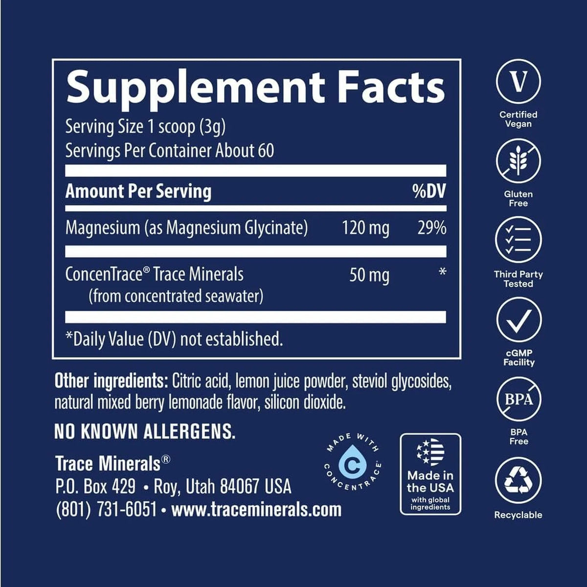 Trace Minerals Polvo de glicinato de magnesio 120 mg limonada de bayas