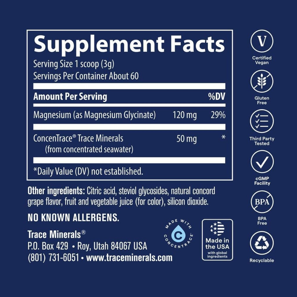 Trace Minerals Glicinato De Magnesio 120mg Polvo Sabor Uva Vegano Sin Gluten – Minerales