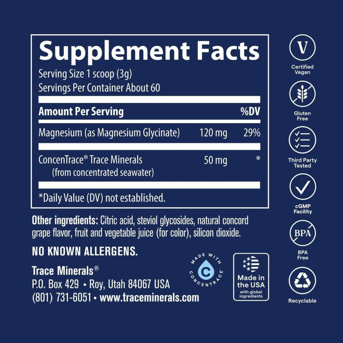 Trace Minerals Glicinato De Magnesio 120mg Polvo Sabor Uva Vegano Sin Gluten – Minerales