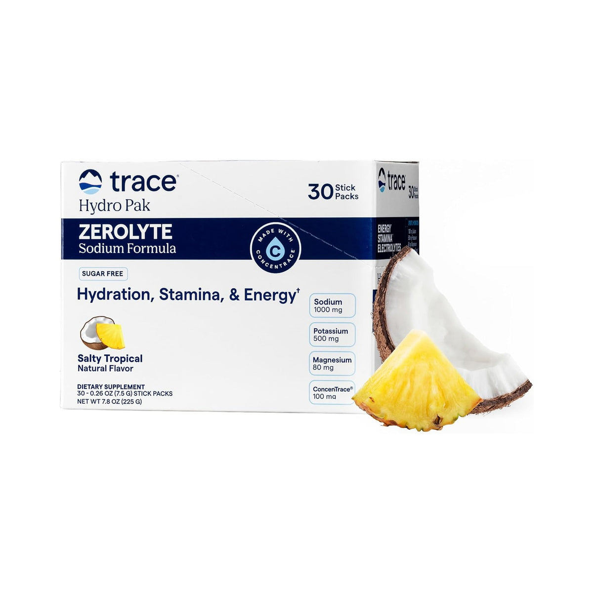 Trace Minerals TM Sport Zerolyte Mezcla de Electrolitos con Agua de Coco Sabor Tropical Salado