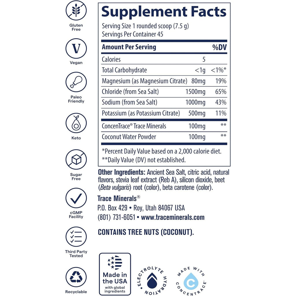 Trace Minerals Zerolyte Electrolitos En Polvo Bote 328 G Sabor Tropical Salado – Hidratación