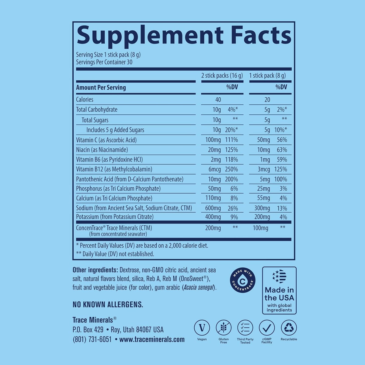 Trace Minerals Trace Hydro Pak Sport Hidratacion Y Energia 30 Packs Limonada De Frambuesa – Hidratación