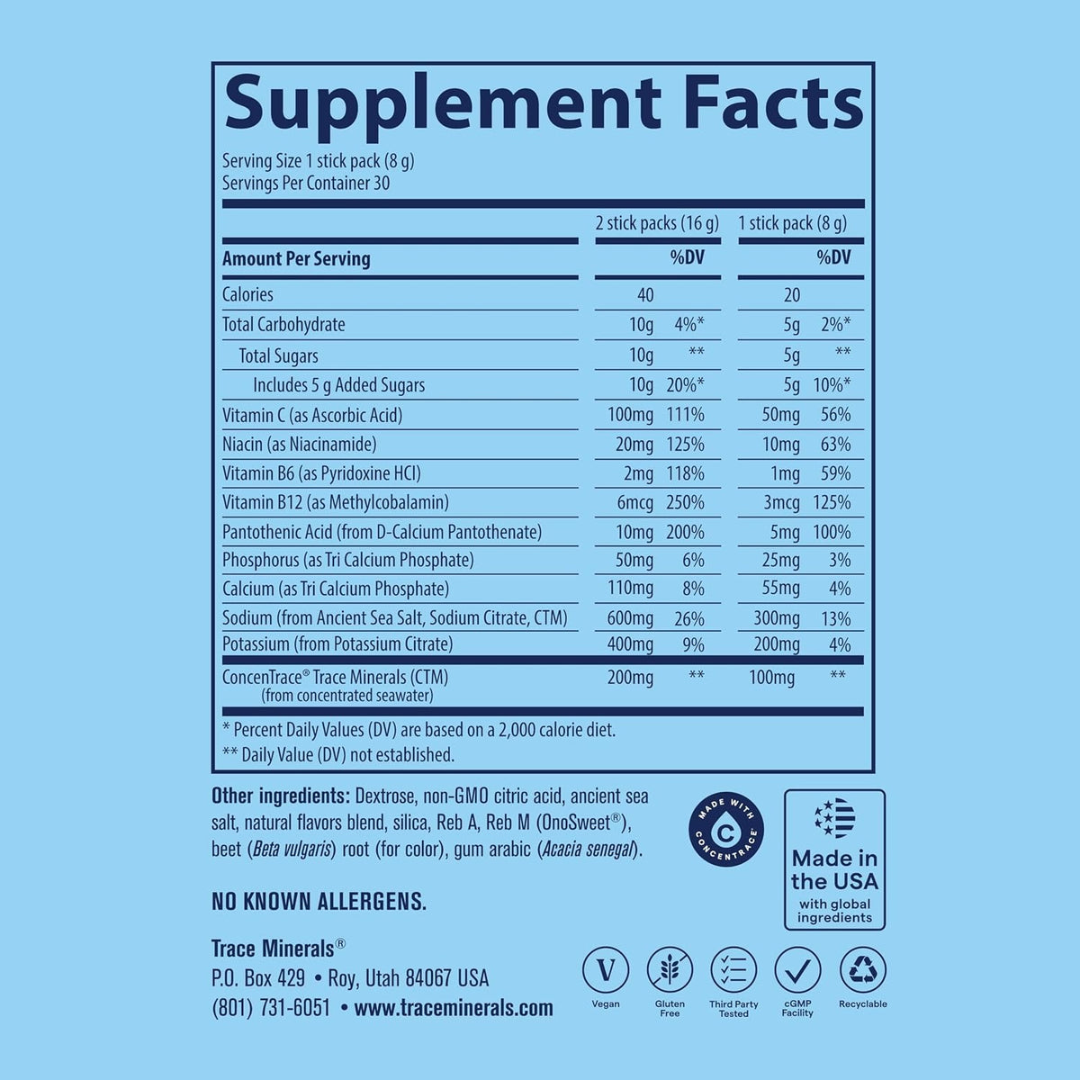 Trace Minerals Trace Hydro Pak Sport Hidratacion Y Energia 30 Packs Fresa+coco – Hidratación