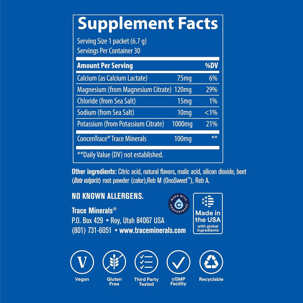 Trace Minerals Trace Hydro Pak Keto Potasio Hidratacion Energia 30 Pack Limonada De Frambuesa Limonada De Fresa – Hidratación