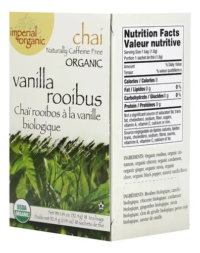 Uncle Lee's Tea Imperial Organic Vanilla Rooibos Chai | 18 Bolsitas | Té Rooibos Orgánico | Sabor Vainilla y Especias | Sin Cafeína