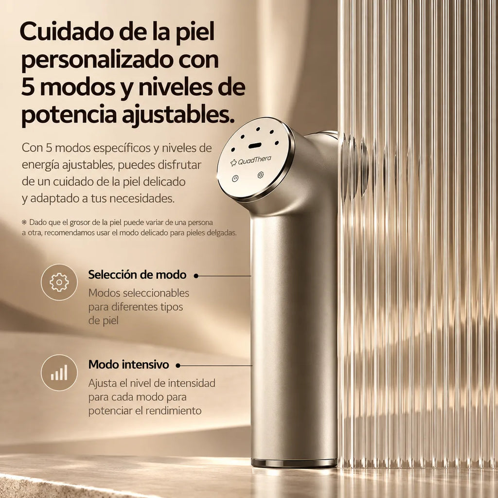 Quadthera Titan | Dispositivo Ultrasónico Facial | 4 Frecuencias | Champagne Gold | Firmeza, Hidratación y Rejuvenecimiento Facial | Cuidado de la Piel