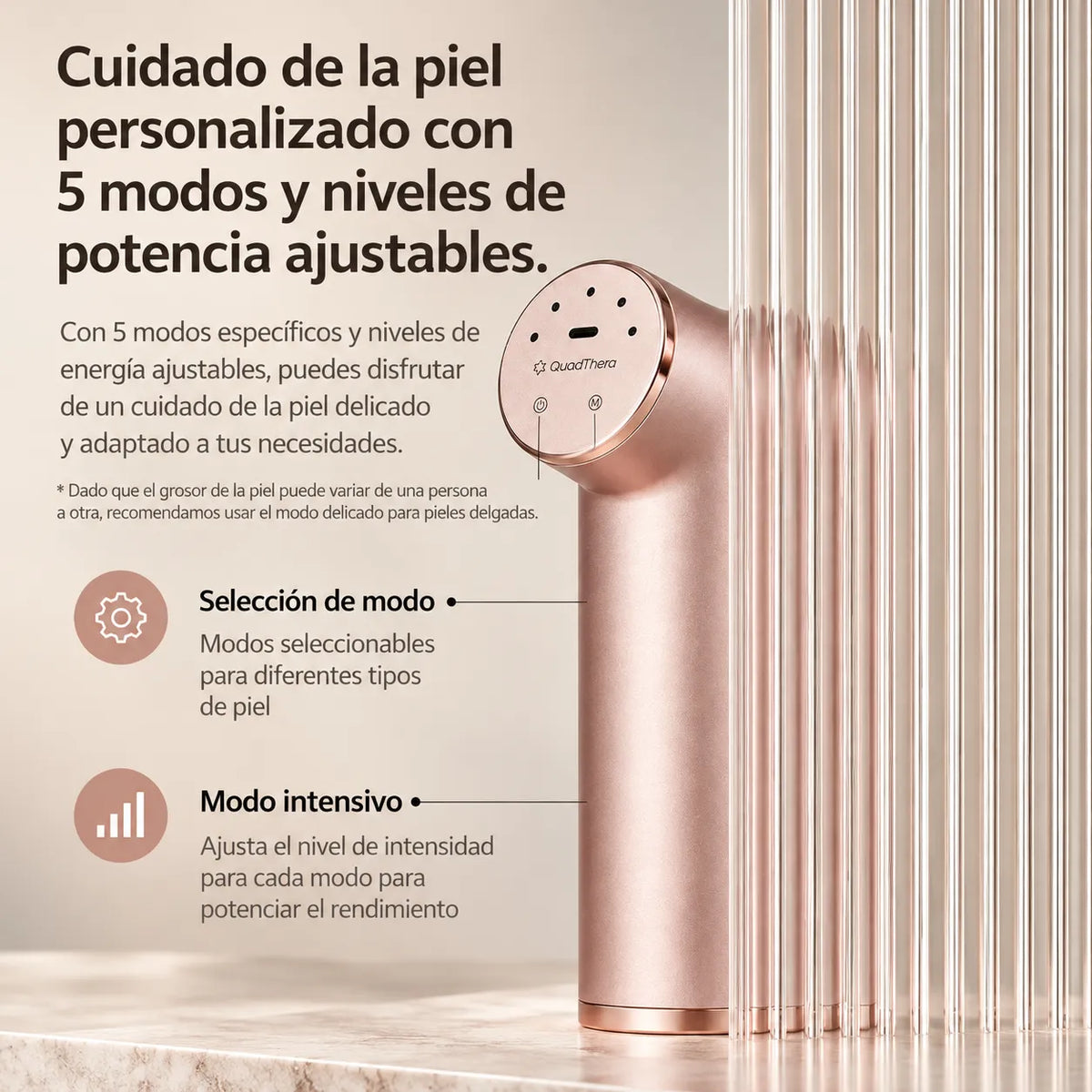 Quadthera Titan | Dispositivo Ultrasónico Facial | 4 Frecuencias | Rose Gold | Firmeza, Hidratación y Rejuvenecimiento Facial | Cuidado de la Piel