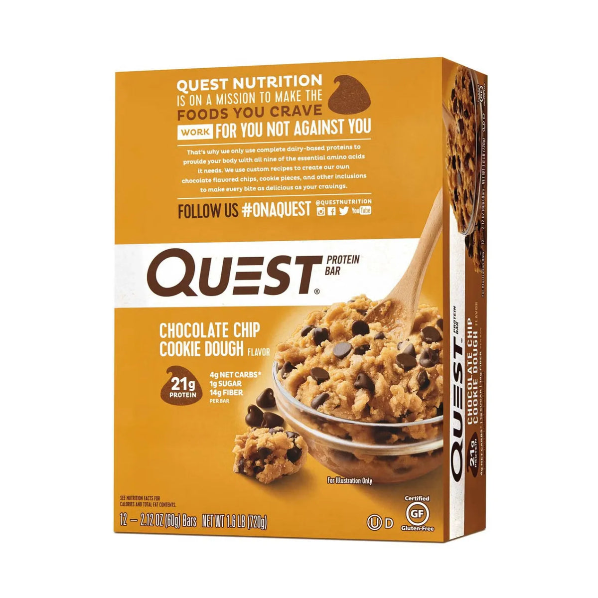 Quest Nutrition Protein Bar | Barras con 21 Gramos de Proteina | Sabor Chocolate Chip Cookie Dough | 12 Barras de 60 grs