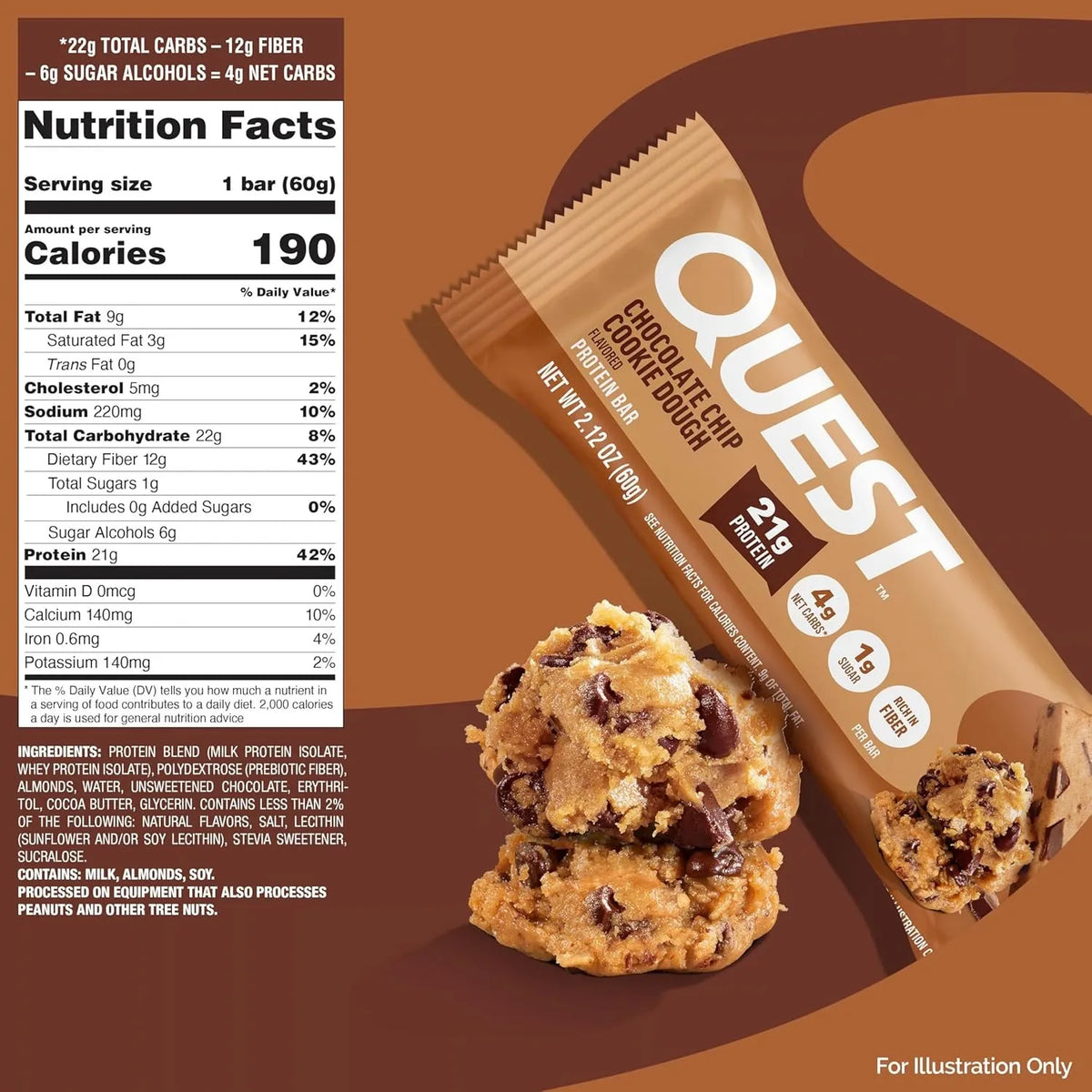 Quest Nutrition Protein Bar | Barras con 21 Gramos de Proteina | Sabor Chocolate Chip Cookie Dough | 12 Barras de 60 grs