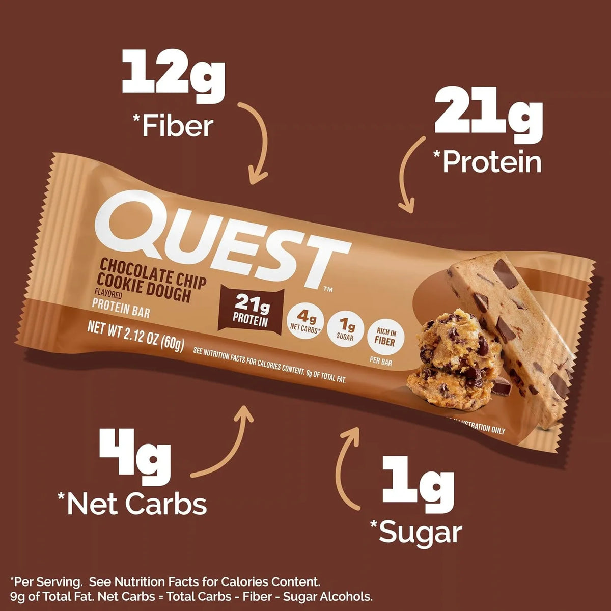 Quest Nutrition Protein Bar | Barras con 21 Gramos de Proteina | Sabor Chocolate Chip Cookie Dough | 12 Barras de 60 grs