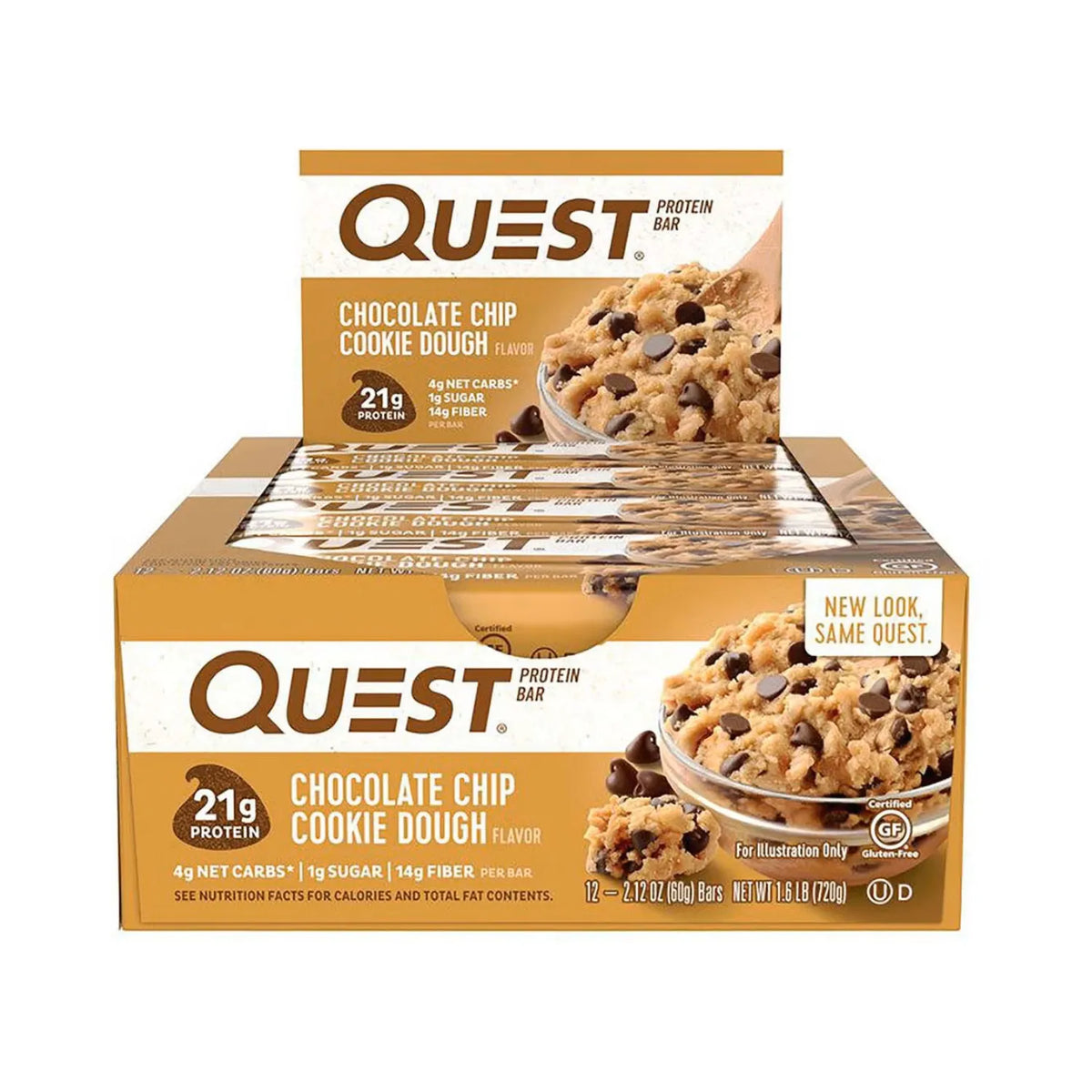 Quest Nutrition Protein Bar | Barras con 21 Gramos de Proteina | Sabor Chocolate Chip Cookie Dough | 12 Barras de 60 grs