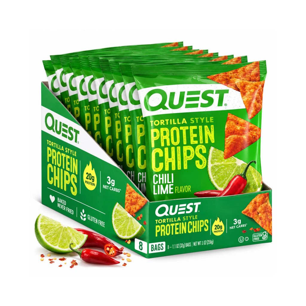 Quest Nutrition Protein Chips | Papas Proteicas Chile y Limón | Caja con 8 Bolsas de 32 g | 20 g de Proteína