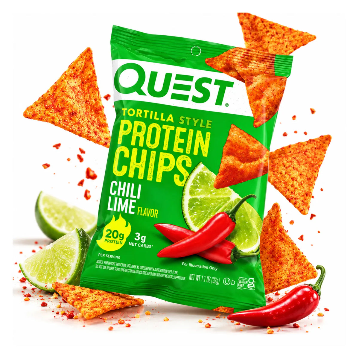 Quest Nutrition Protein Chips | Papas Proteicas Chile y Limón | Caja con 8 Bolsas de 32 g | 20 g de Proteína