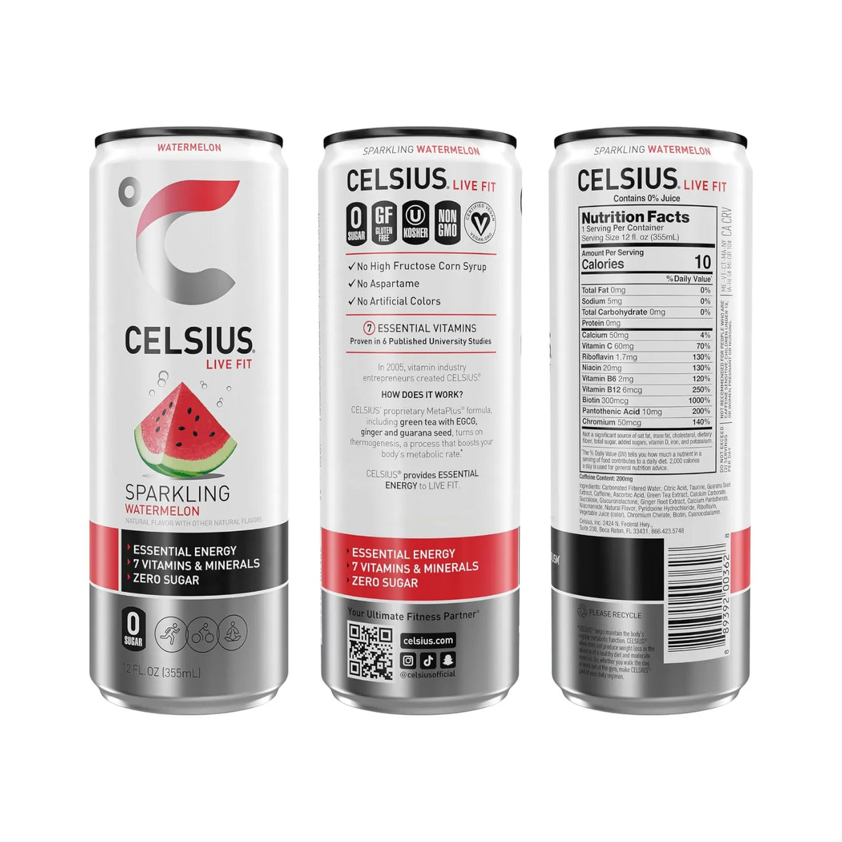 Celsius Live Fit Sparkling | Bebida Energética con 200 mg de Cafeína | 12 Latas de 355 ml | Sabor Sandía