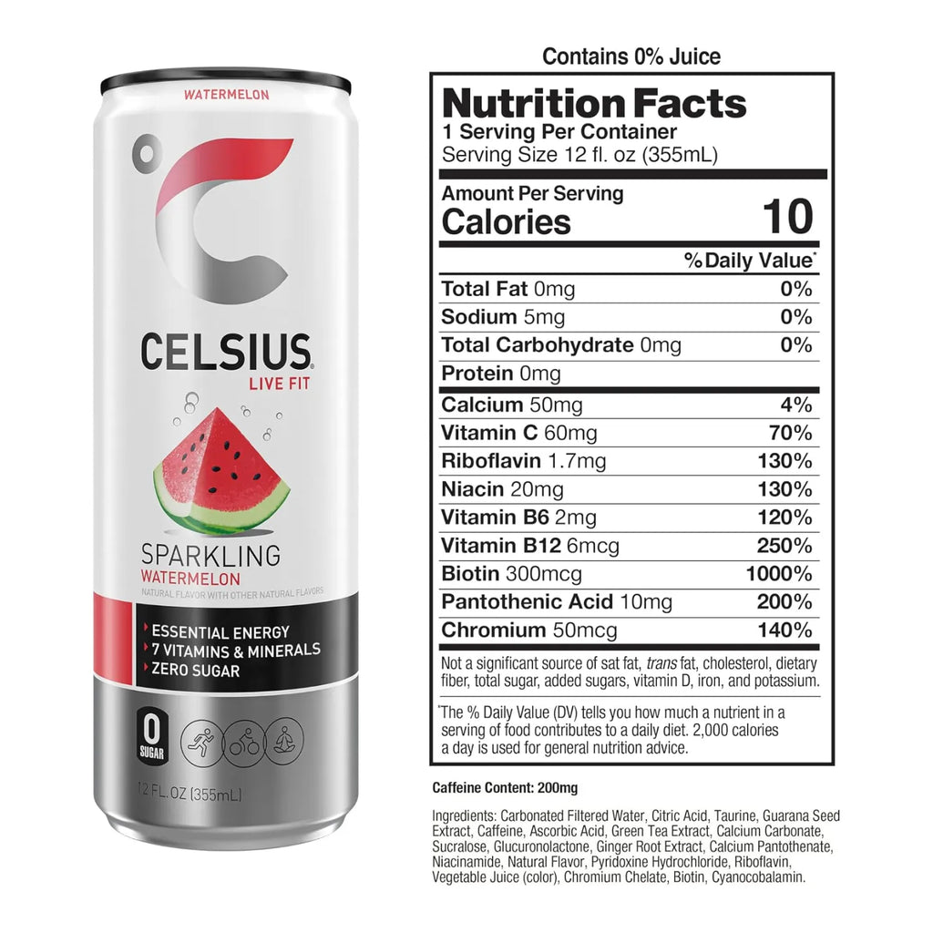 Celsius Live Fit Sparkling | Bebida Energética con 200 mg de Cafeína | 12 Latas de 355 ml | Sabor Sandía