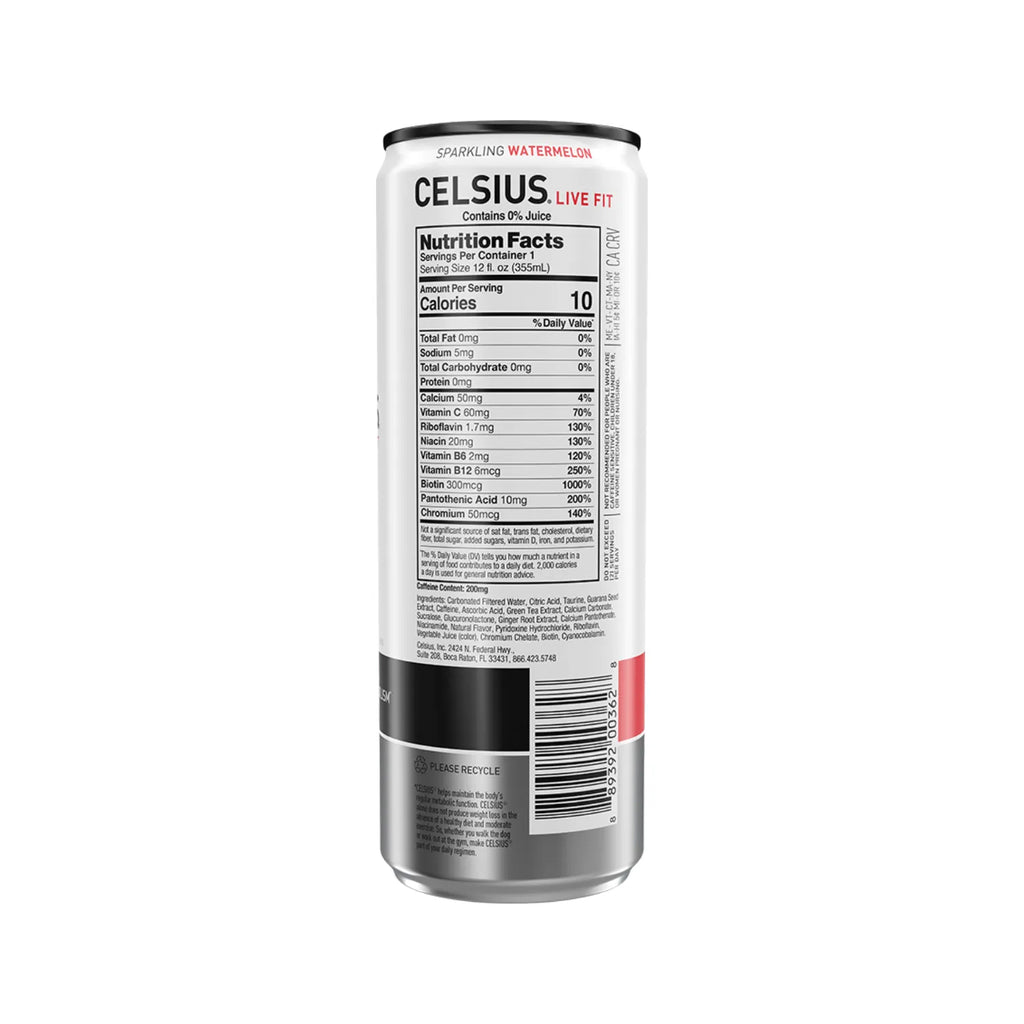 Celsius Live Fit Sparkling | Bebida Energética con 200 mg de Cafeína | 12 Latas de 355 ml | Sabor Sandía
