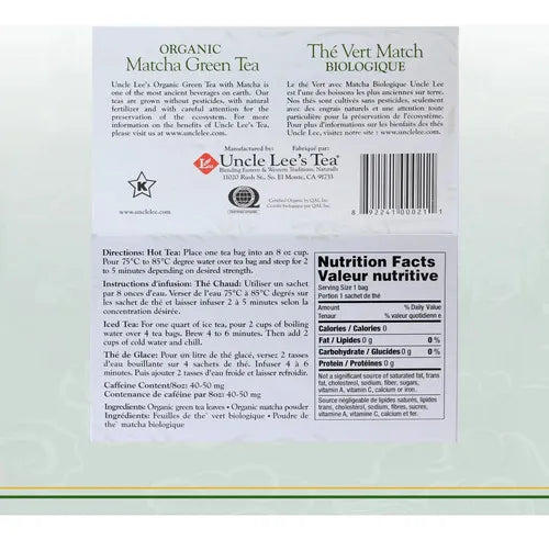 Uncle Lee's Tea Organic Matcha Green Tea | 40 Bolsitas | Té Verde Orgánico con Matcha | Antioxidantes Naturales