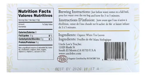 Uncle Lee's Tea Organic White Tea | 100 Bolsitas | Té Blanco Orgánico | Antioxidantes Naturales | Infusión Herbal