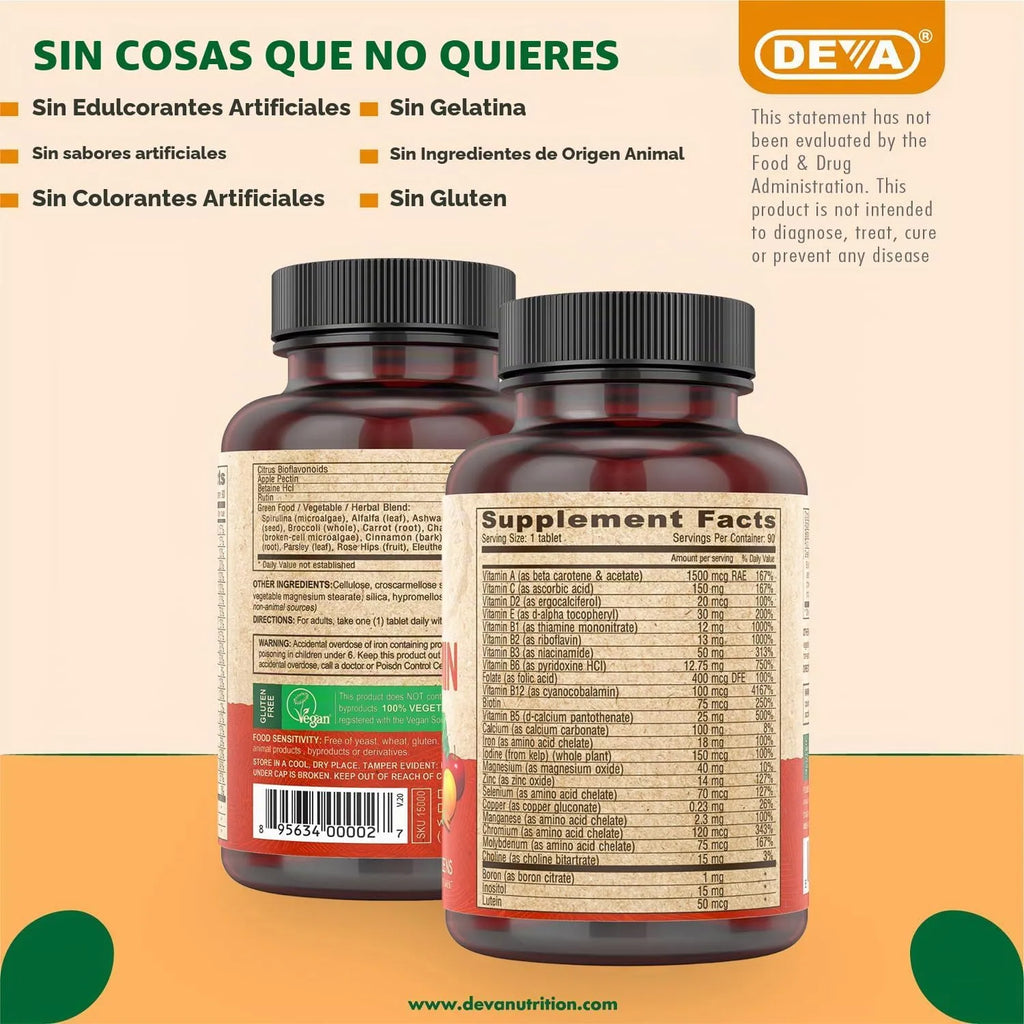 Deva, Suplemento multivitamínico y multimineral apto para veganos Con 90 Tabletas