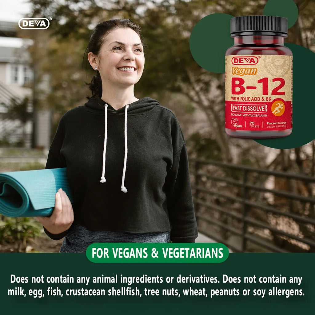 Deva, Vitamina B12 vegana con ácido fólico y vitamina B6, Disolución rápida, 90 Tabletas