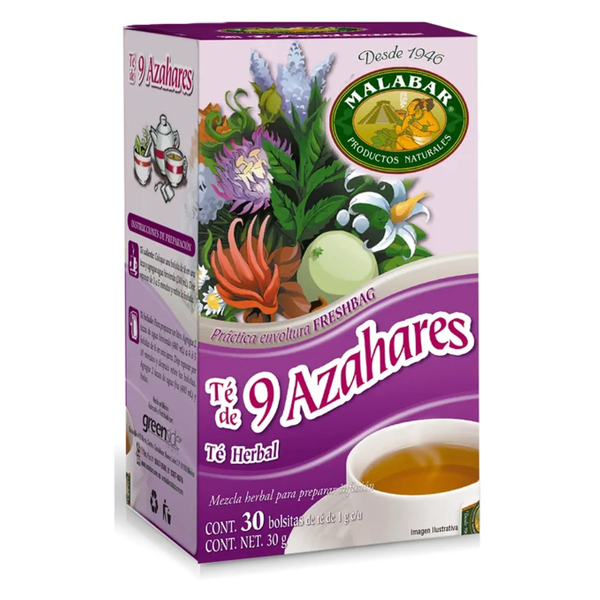 GREENSIDE MALABAR | Té Herbal de 9 Azahares | Caja con 30 Bolsitas de 1 g | Infusión Natural para Relajación y Descanso