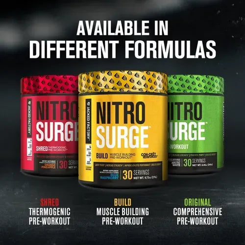 Jacked Factory NitroSurge Build | 30 Porciones | Sabor Arctic White | Fuerza, Energía y Rendimiento Muscular | Pre Entrenamiento | Suplemento Alimenticio