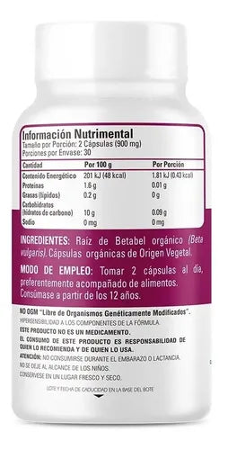 Organic Side Beetroot Orgánico | Betabel 450 mg | 60 Cápsulas Vegetales | Antioxidantes Naturales | Suplemento Alimenticio