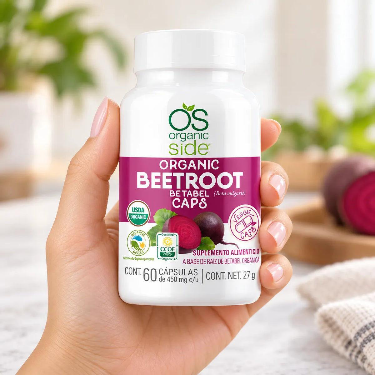 Organic Side Beetroot Orgánico | Betabel 450 mg | 60 Cápsulas Vegetales | Antioxidantes Naturales | Suplemento Alimenticio