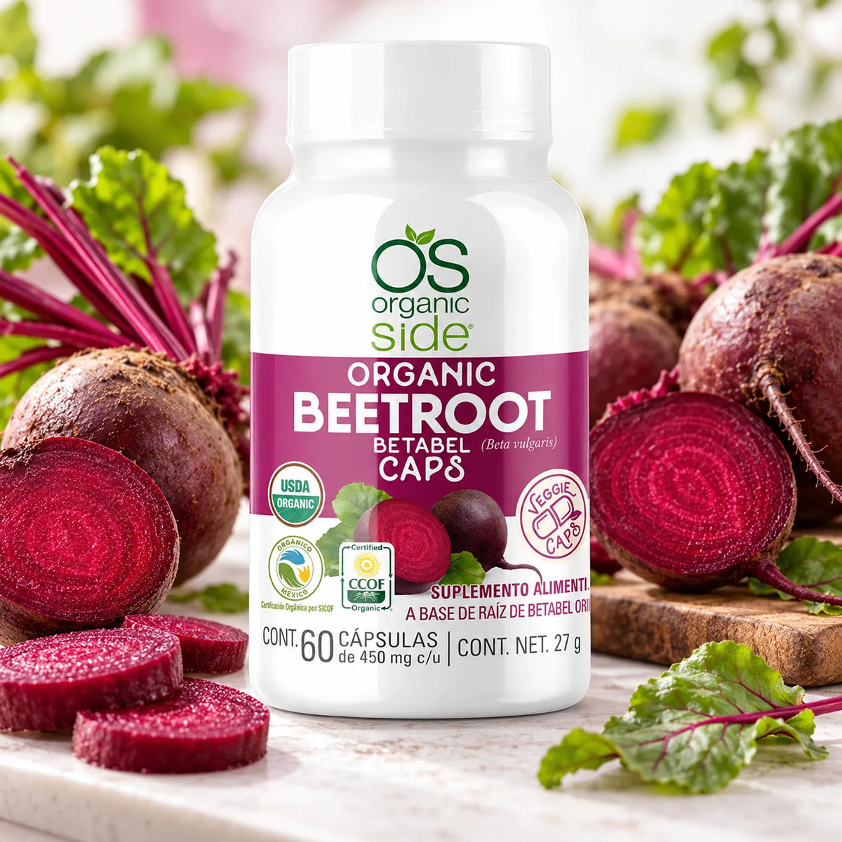 Organic Side Beetroot Orgánico | Betabel 450 mg | 60 Cápsulas Vegetales | Antioxidantes Naturales | Suplemento Alimenticio