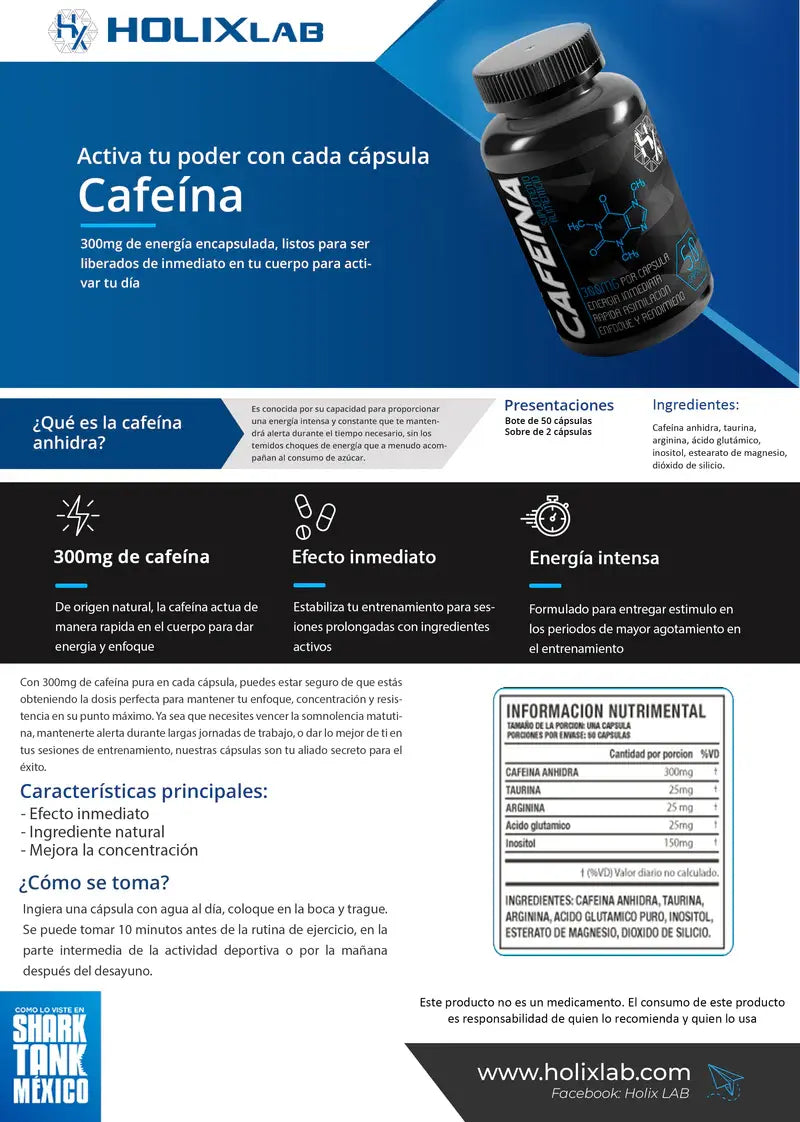 HOLIX LAB - CAFEÍNA ANHIDRA - FRASCO CON 50 CAPSULAS. ENFOQUE Y RENDIMIENTO