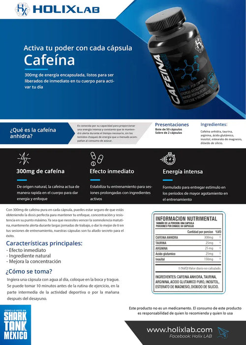 HOLIX LAB - CAFEÍNA ANHIDRA - FRASCO CON 50 CAPSULAS. ENFOQUE Y RENDIMIENTO
