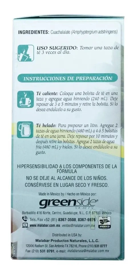 GREENSIDE MALABAR | Té Herbal de Cuachalalate | Caja con 30 Bolsitas de 1 g | Infusión Natural para el Bienestar Digestivo y Estomacal