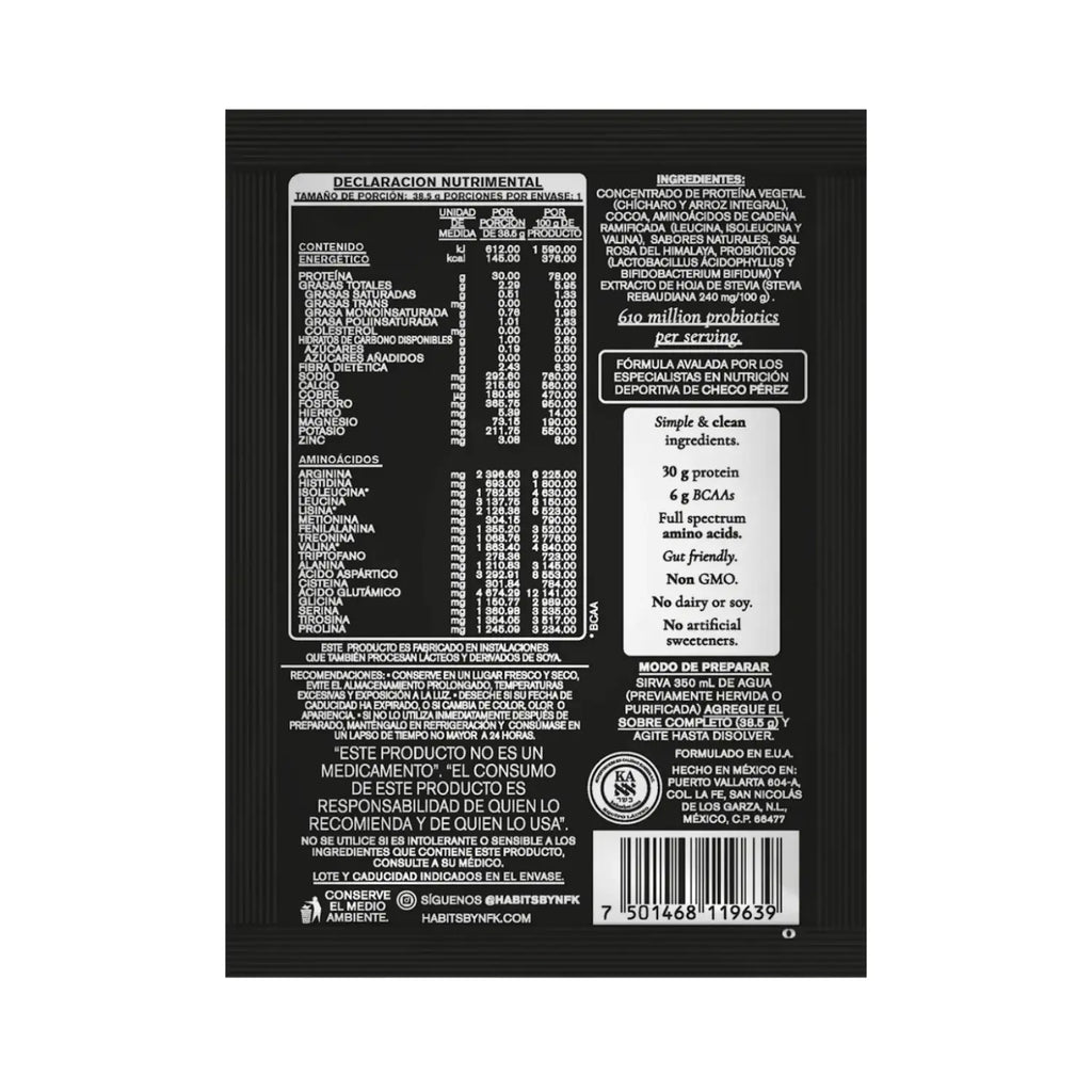 Habits Proteína Vegana By Checo Perez 15 sachets de 39gr Sfn cacao