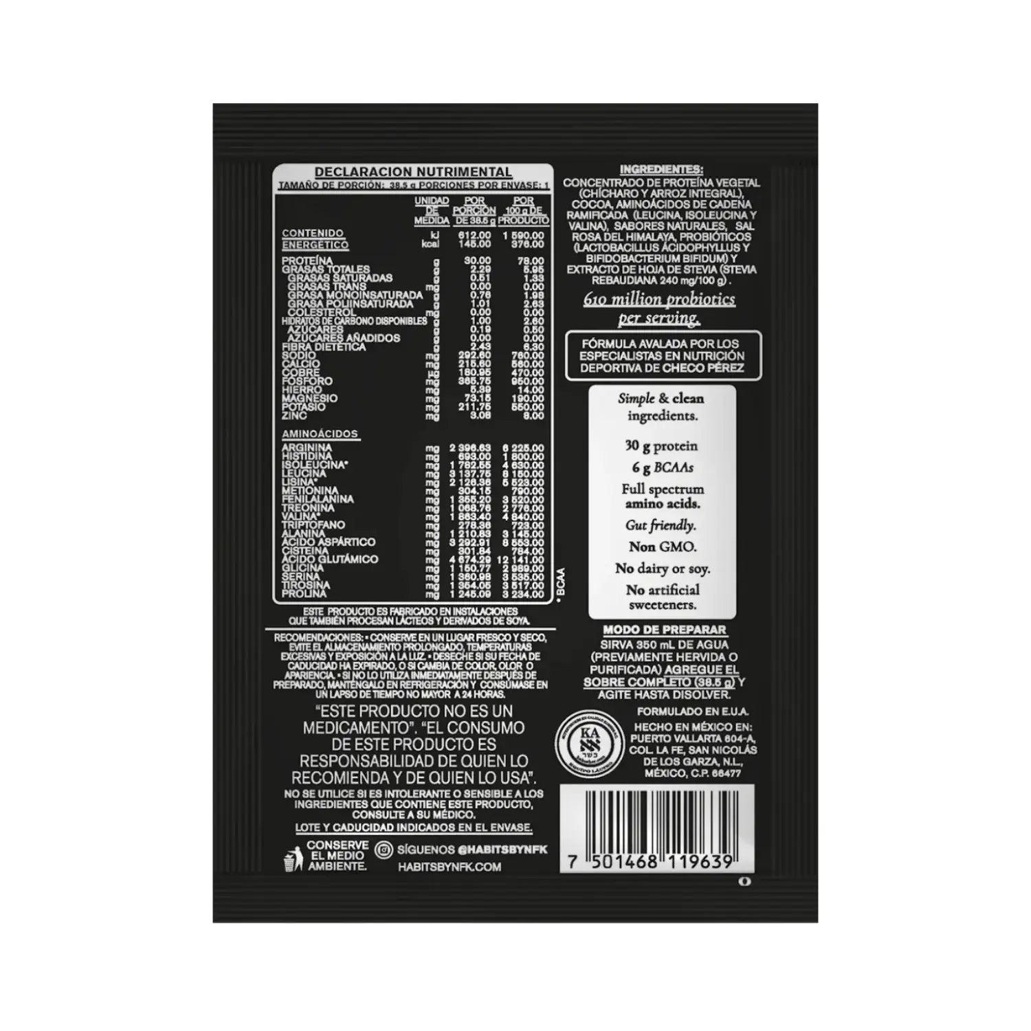 Habits Proteína Vegana By Checo Perez 15 sachets de 39gr Sfn cacao