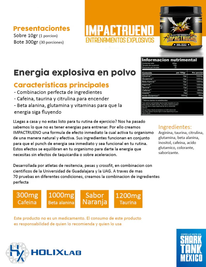 HOLIX LAB- PREENTRENO IMPACTRUENO 300 GRAMOS SABOR NARANJA