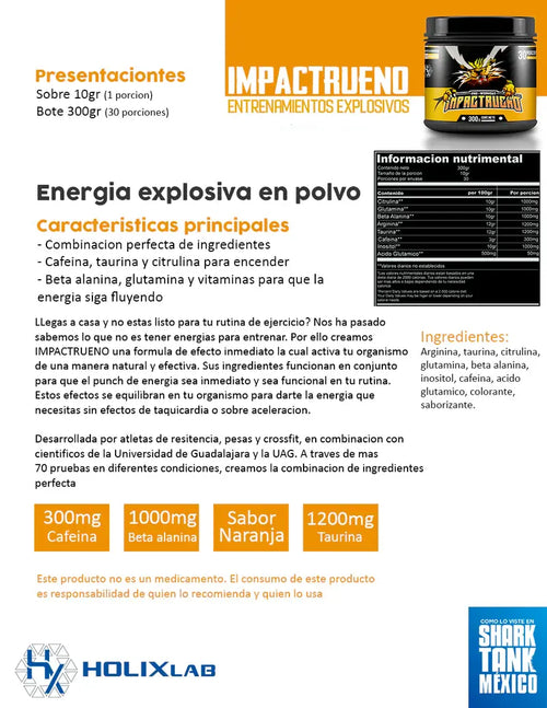 HOLIX LAB- PREENTRENO IMPACTRUENO 300 GRAMOS SABOR NARANJA