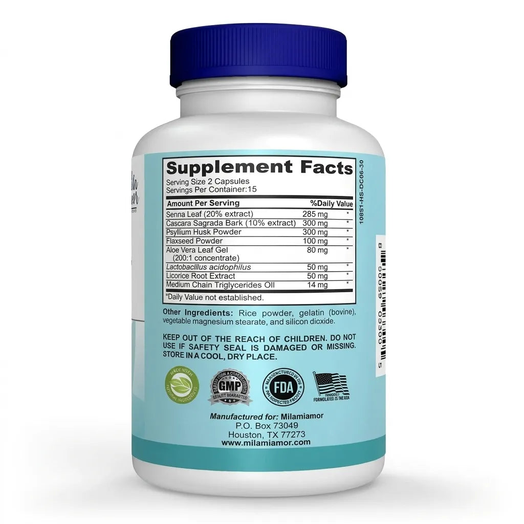 Milamiamor Apoyo Intestinal y Colon 30 Cápsulas | Fórmula de 15 días para apoyar la regularidad intestinal | Con Senna, Cáscara Sagrada y Psyllium | Con Aloe Vera, Linaza y Probióticos | Suplemento alimenticio