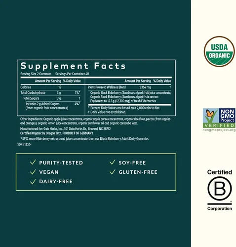 GAIA HERBS | Black Elderberry Extra Strength Saúco Negro Orgánico | 80 Gomitas Veganas | 40 Porciones | Apoyo Inmunológico y Antioxidante