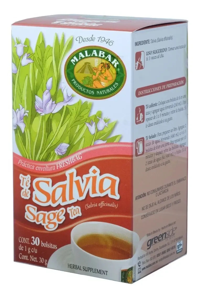 GREENSIDE MALABAR | Té de Salvia Natural | Caja con 30 Bolsitas de 1 g | Infusión Herbal para el Bienestar Digestivo y Antioxidante