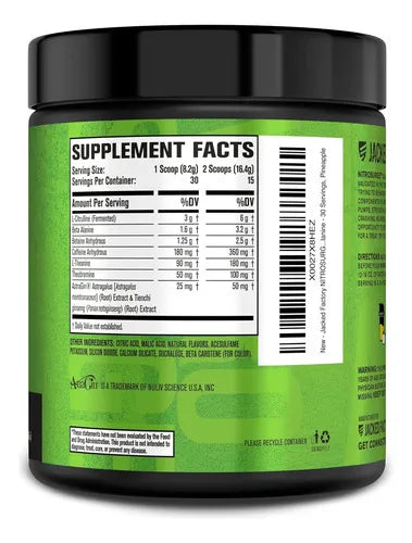 Jacked Factory NitroSurge | 30 Porciones | Sabor Pineapple | Energía, Fuerza y Concentración | Pre Entrenamiento | Suplemento Alimenticio