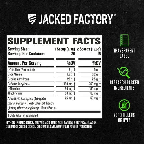 Jacked Factory NitroSurge | 30 Porciones | Sabor Grape | Energía, Fuerza y Concentración | Pre Entrenamiento | Suplemento Alimenticio