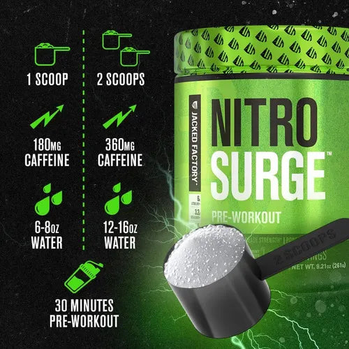 Jacked Factory NitroSurge | 30 Porciones | Sabor Grape | Energía, Fuerza y Concentración | Pre Entrenamiento | Suplemento Alimenticio